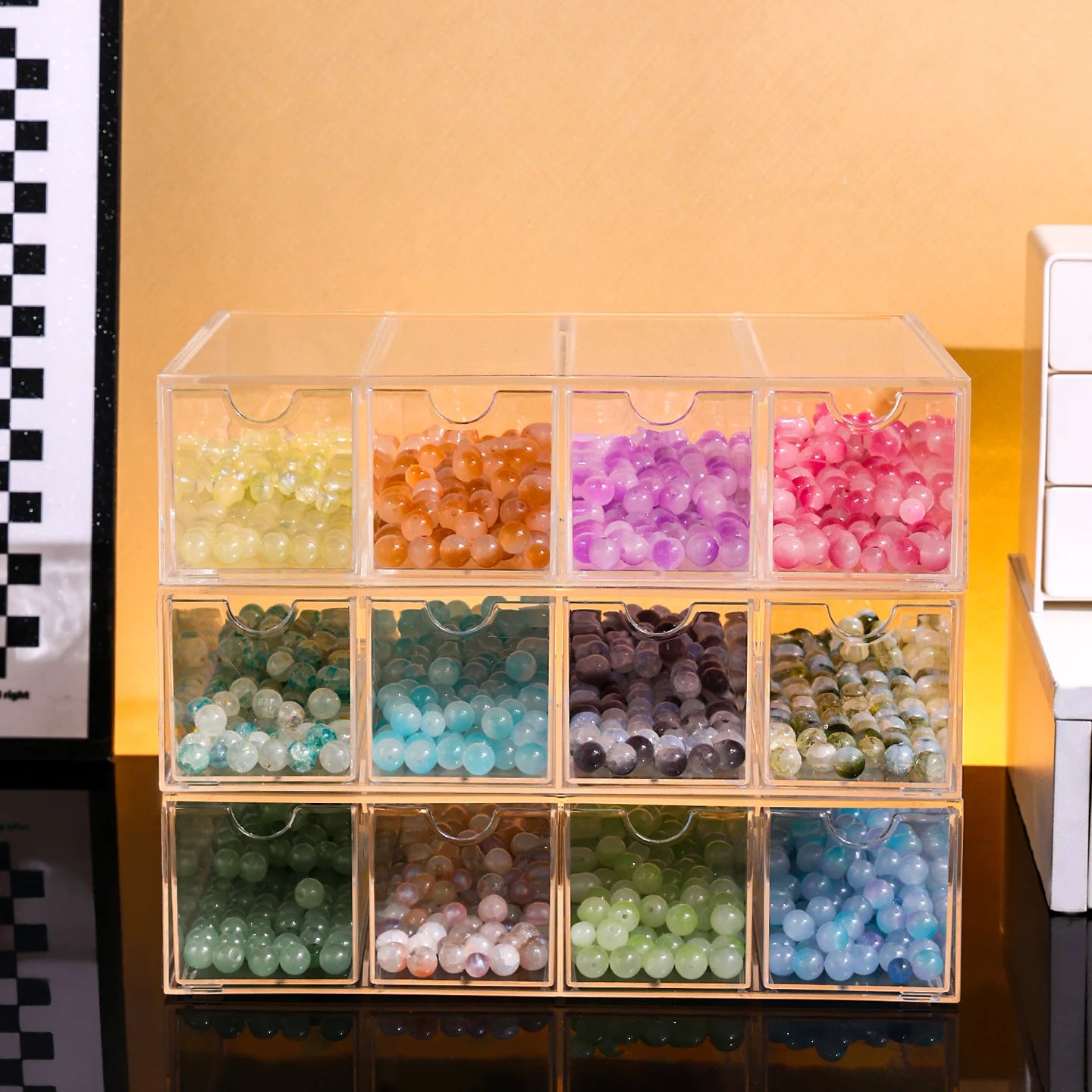 1pc Acrylic 1Layer 4Grid Bead Jewelry Organizer Stackable Separate Compartment Desktop Storage Box Suitable Hair Jewelry Storage