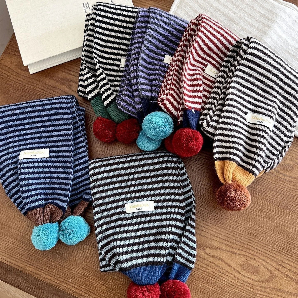 Winter Warm Knitted Kids Scarf Cute Pom Poms Stripe Neck Warmer For Boys Girls Letter Patch Casual Children Scarf