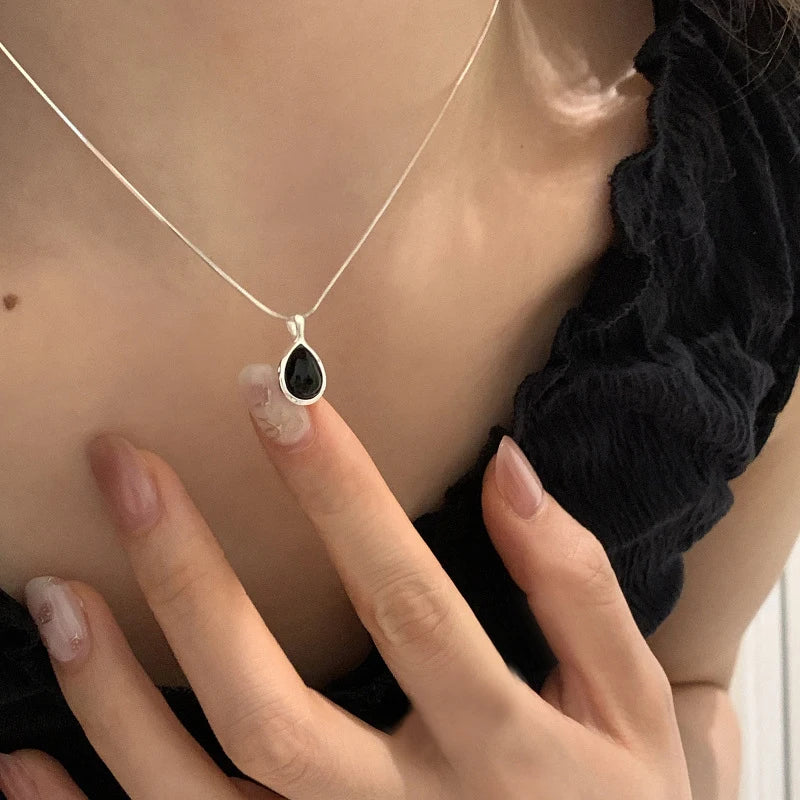 VENTFILLE  925 Sterling Silver Black Agate Necklace for Women Girl Snake Bone Chain Water Drop Jewelry Gift Dropshipping