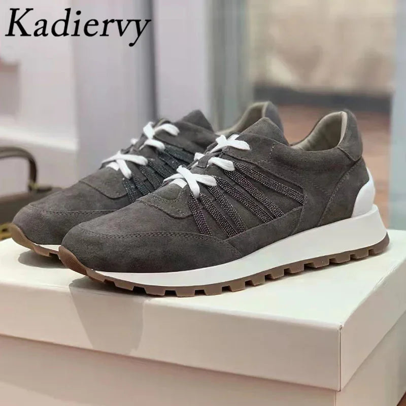 New Casual Shoes Women Suede Patchwork Round Toe Lace Up Genuine Leather Comfy Outdoor Walking Shoes Woman Sneakers Female