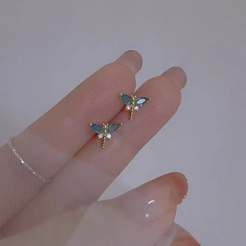 925 Sterling Silver Crystal Dragonfly Stud Earrings For Woman Christmas Gifts Piercing Jewelry Aretes De Mujer Party Gifts