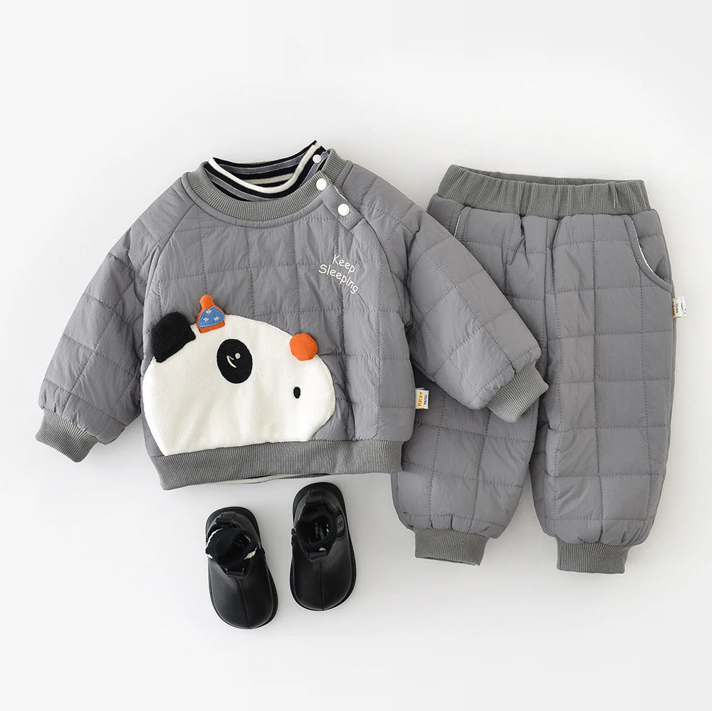 LILIGIRL Winter Baby Clothes Set 6M-3T Thicken Toddler Boys Cartoon Panda Suit Simple Loose Infant Fleece Padded Outfit 2PCS