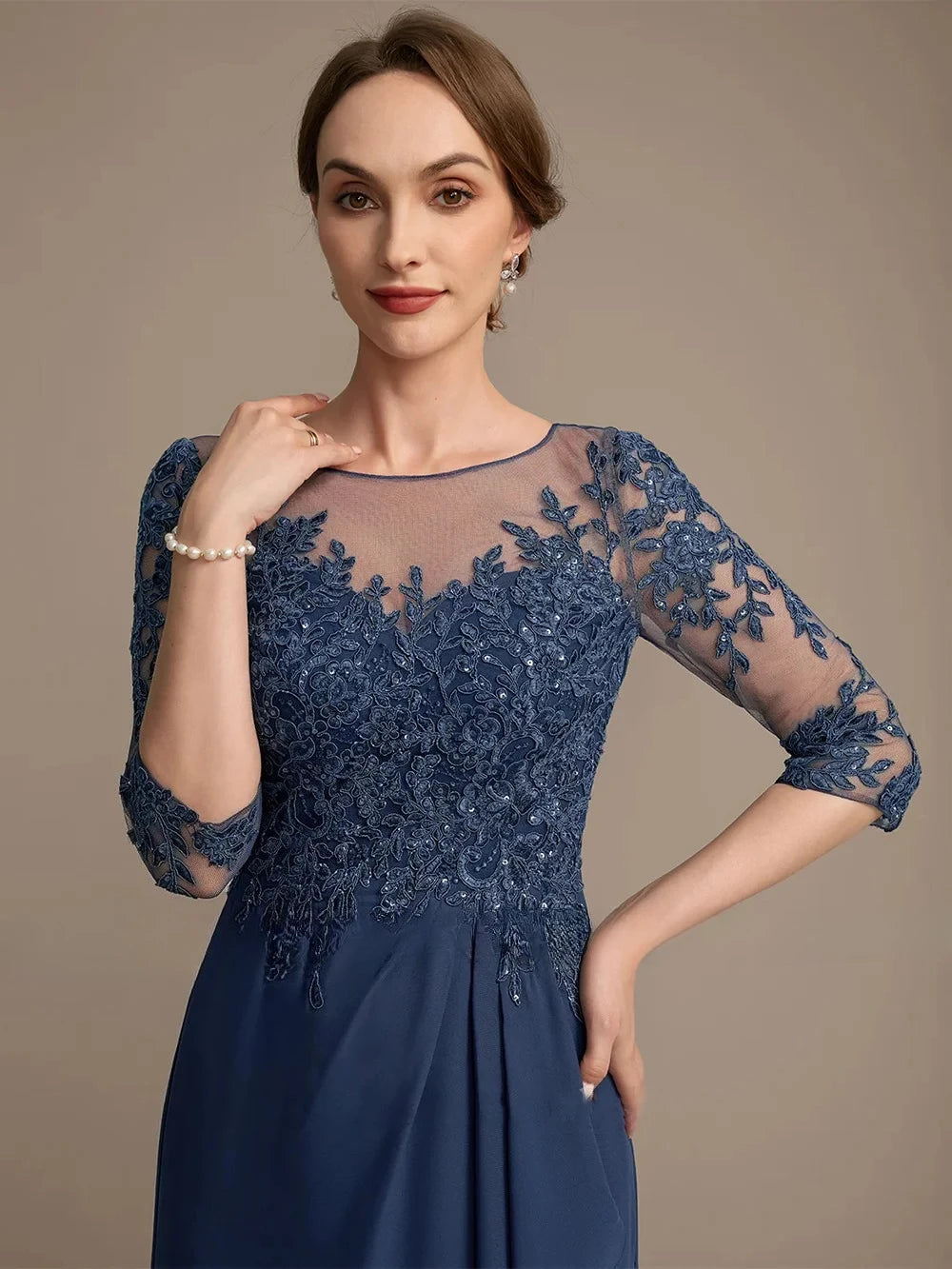 Mother of The Bride Dress 3/4 Sleeves Scoop Neck Sequined Applique Ruffles Wedding Guest Gown Woman Party Dress Customized