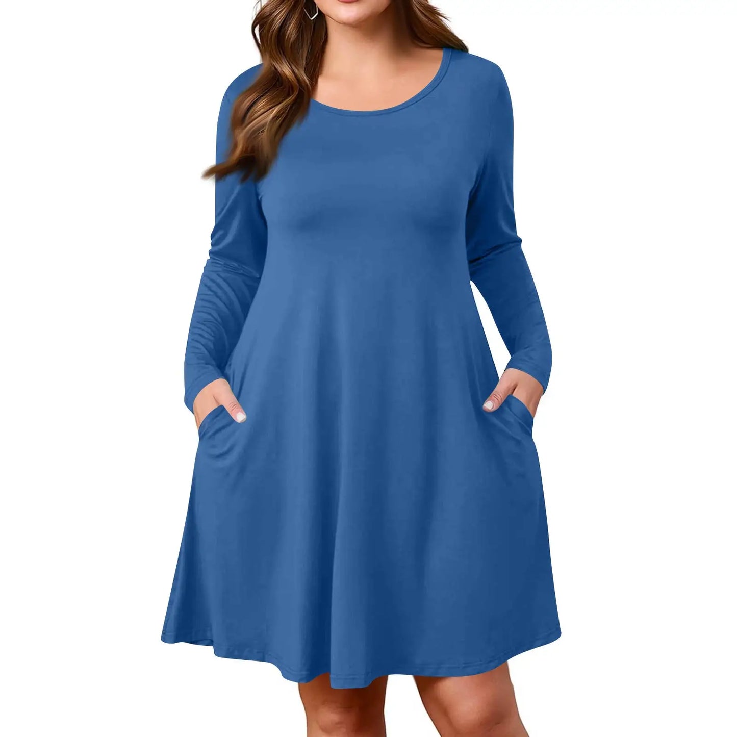 Plus Size Dress for Women Solid-Colour Casual Dress Spring/Autumn Pocket Round Neck Long-Sleeved Dresses vestidos femenino