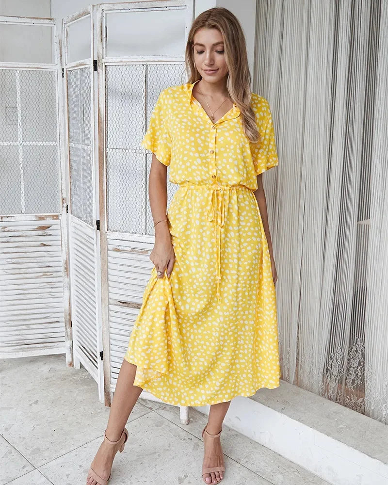 New Fashion Women's Polka Dot Print Short Sleeve Midi Dress Cotton Summer New Arrival Knee-Length Stand Collar Regular Waist
