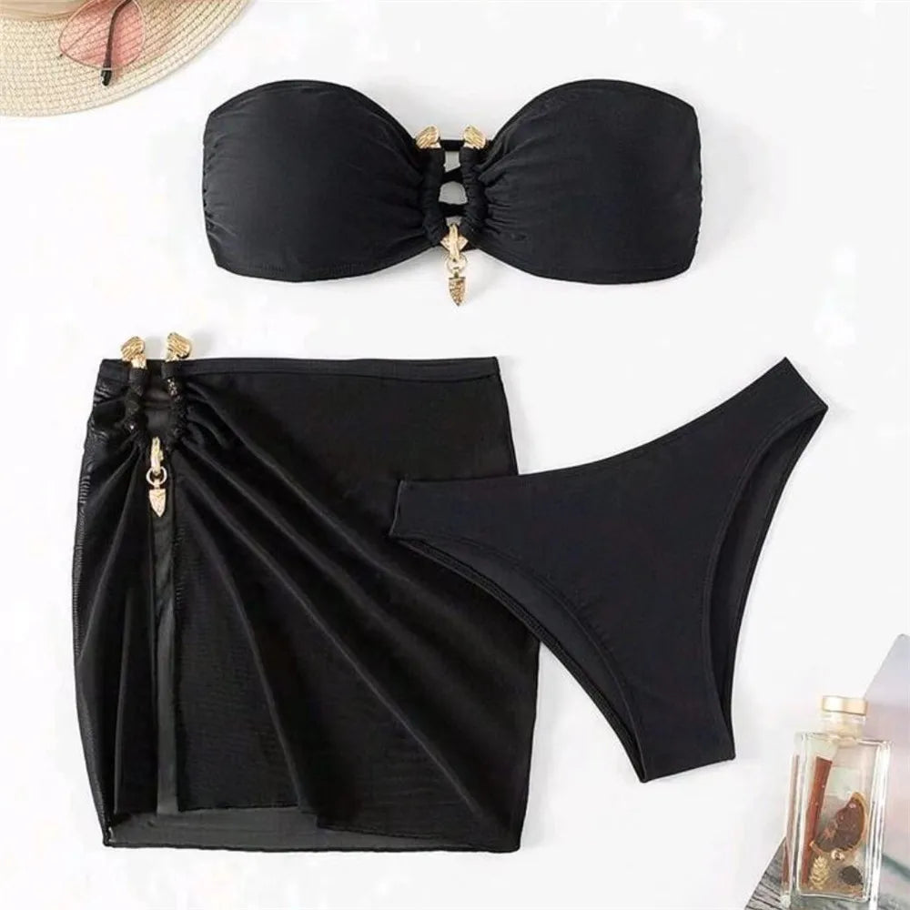 Metal Buckled Bandeau Black Bikinis Sets 3 Pieces Skirts Cover Ups Sexy Swimsuit Women 2026 Holiday Solid Swimwears Bikini Dames