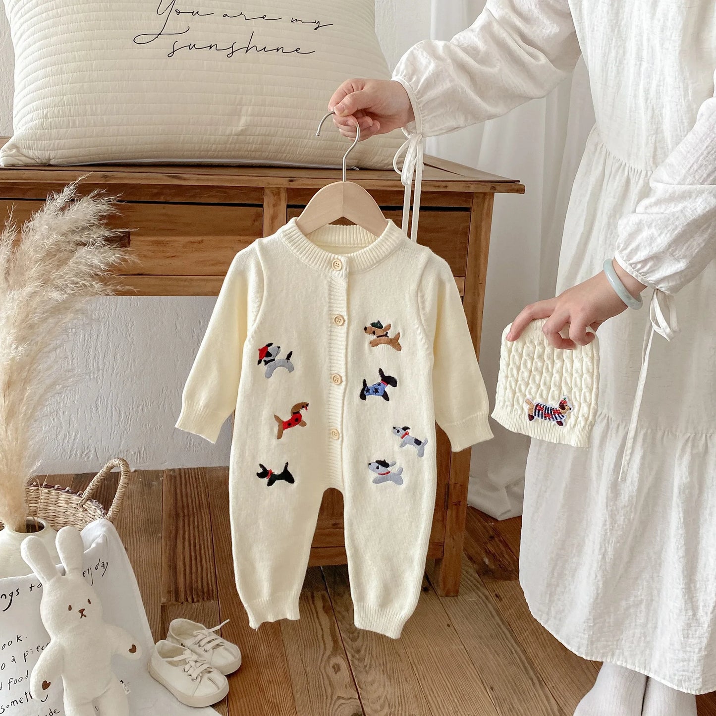 2Pcs Autumn and Winter Baby Clothes Cute Cartoon Dog Newborn Clothes Knitted Warm Boys and Girls Baby Jumpsuit+Hat Set