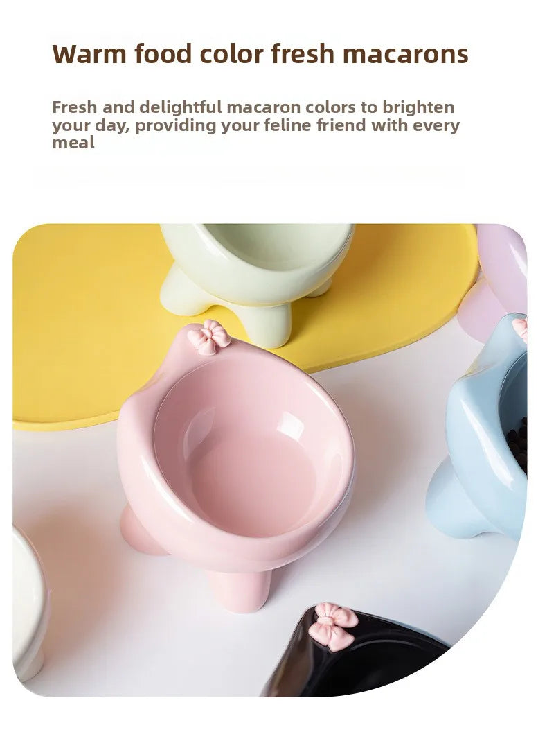 Ceramic Heightening Bowl Set | Cute Macaron Color Series，Slanted Spill-Proof，Cat Slow Feeder Bowl，InsEasy to Clean，Multi-Color O