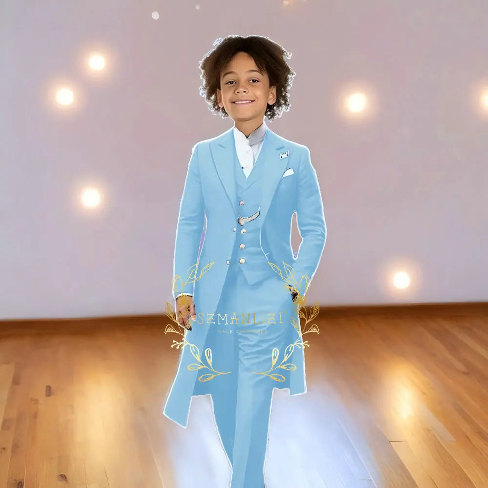 Children Formal Tuxedos Boys Suit Light Grey Long Jacket Vest Pants Sets for Piano Performance Birthday Party Costume Tailored