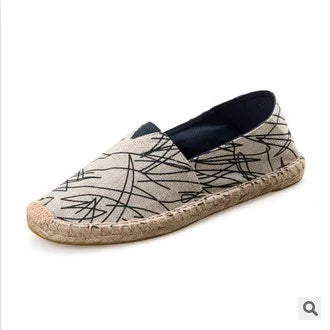 Grass Woven Linen Men's and Women's Handmade Stitching Fishing Shoes with A Casual Flat Bottom Anti Slip Fabric Design Platform
