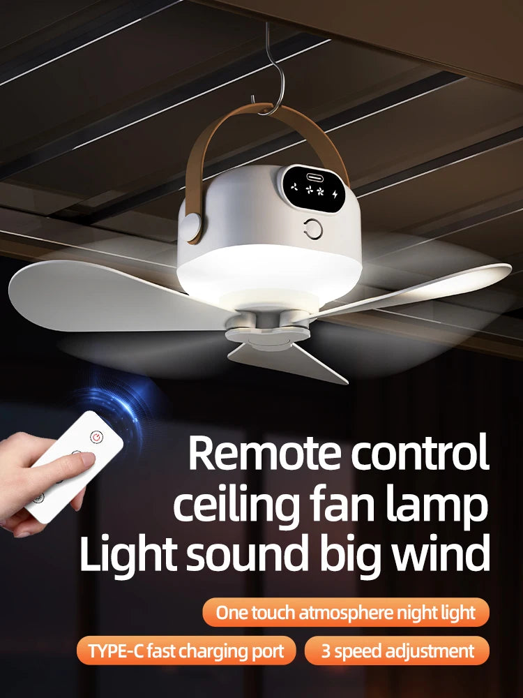 Portable Mini Ceiling Fans Outdoor Camping Fan Tent Ventilator Cooler Rechargeable Electric Fan Remote Control LED Lighting