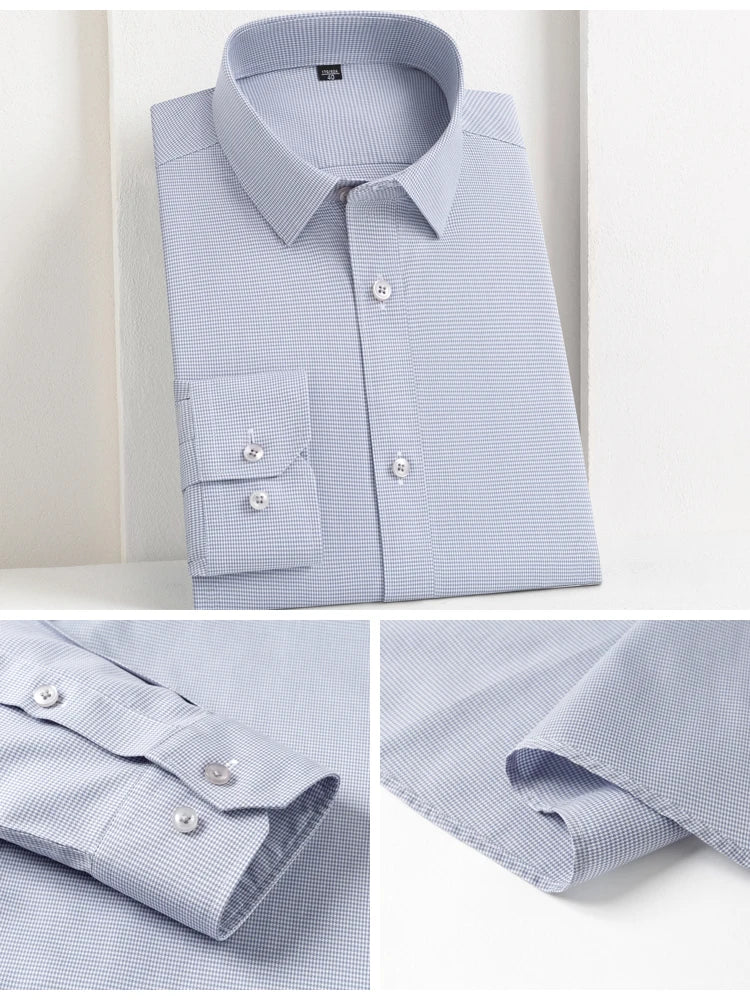 Men's Houndstooth Non-Iron Long Sleeve Button-Up Cotton Shirt, No Pocket Skin-Friendly Casual Versatile for Various Occasions