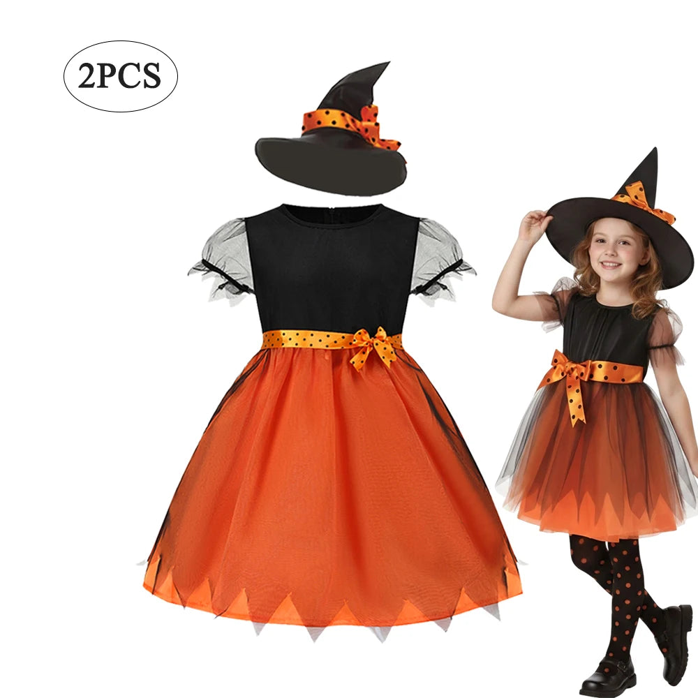 Halloween Cosplay Party Girls Pumpkin Costumes Witch Dress Kids Carnival Costume Vestidos Party Cosplay Dress