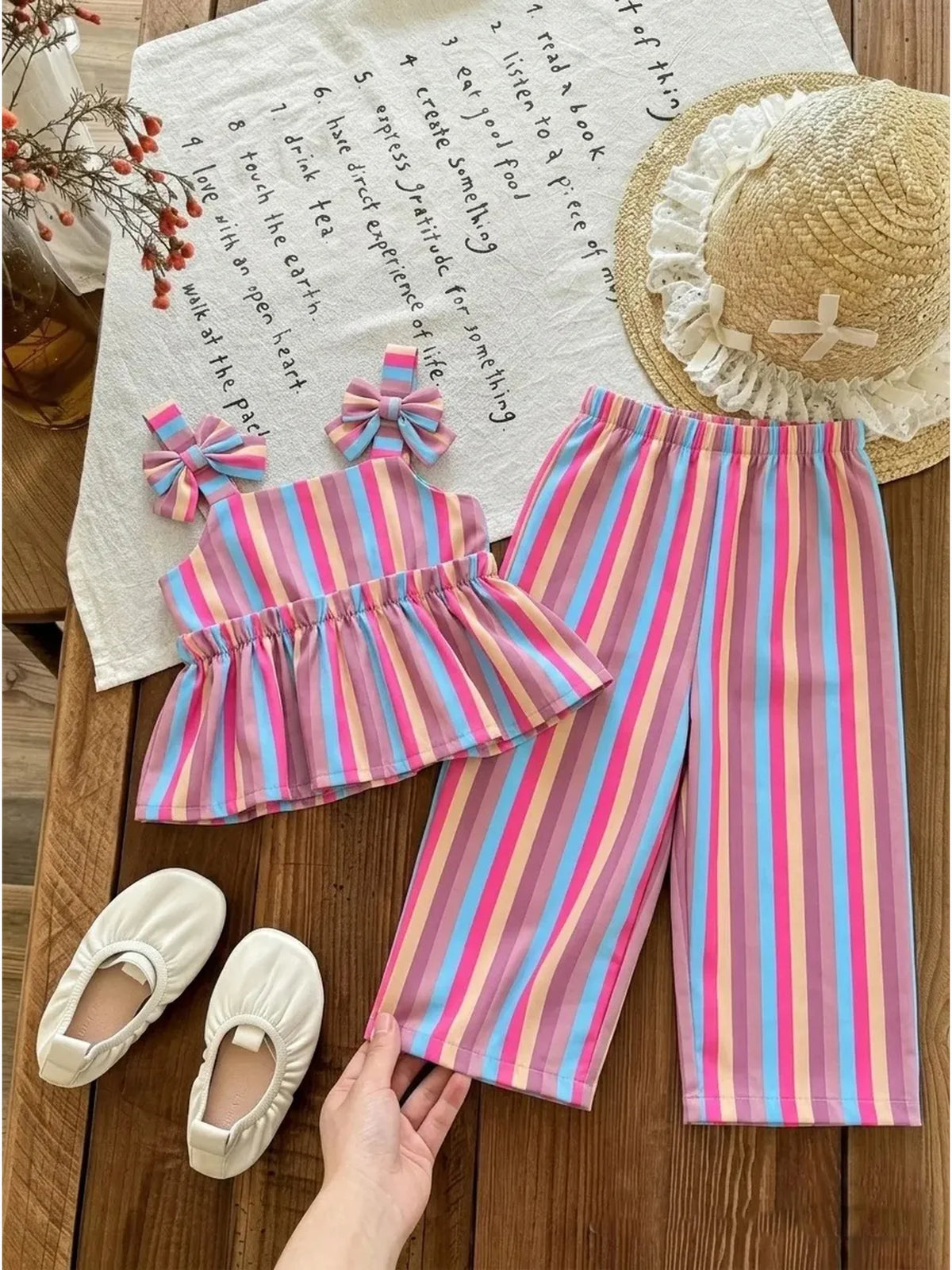 Baby Children's Clothing Set with Thick Shoulder Strap Bow Detail Stripe Color Block Skirt Top And Elastic Waist Striped Pants C
