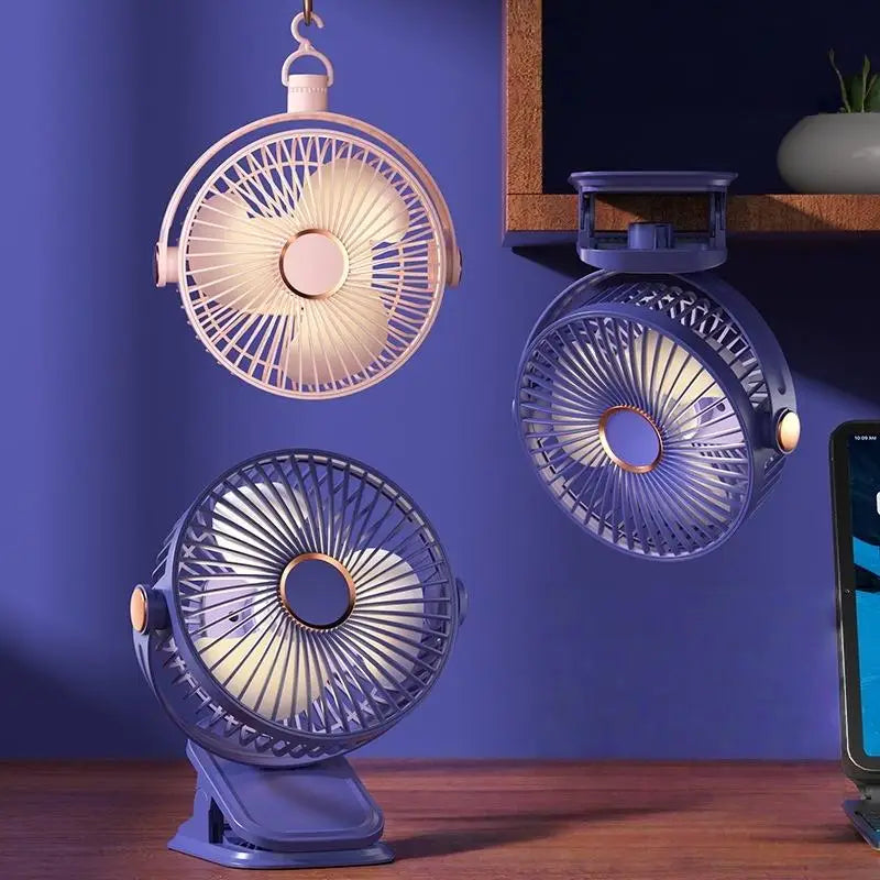 1 Set 720° Rotating Hanging Clip Fan Night Light Air Cooler USB Rechargeable Electric Fan Outdoor Camping Small Fans Ventilador