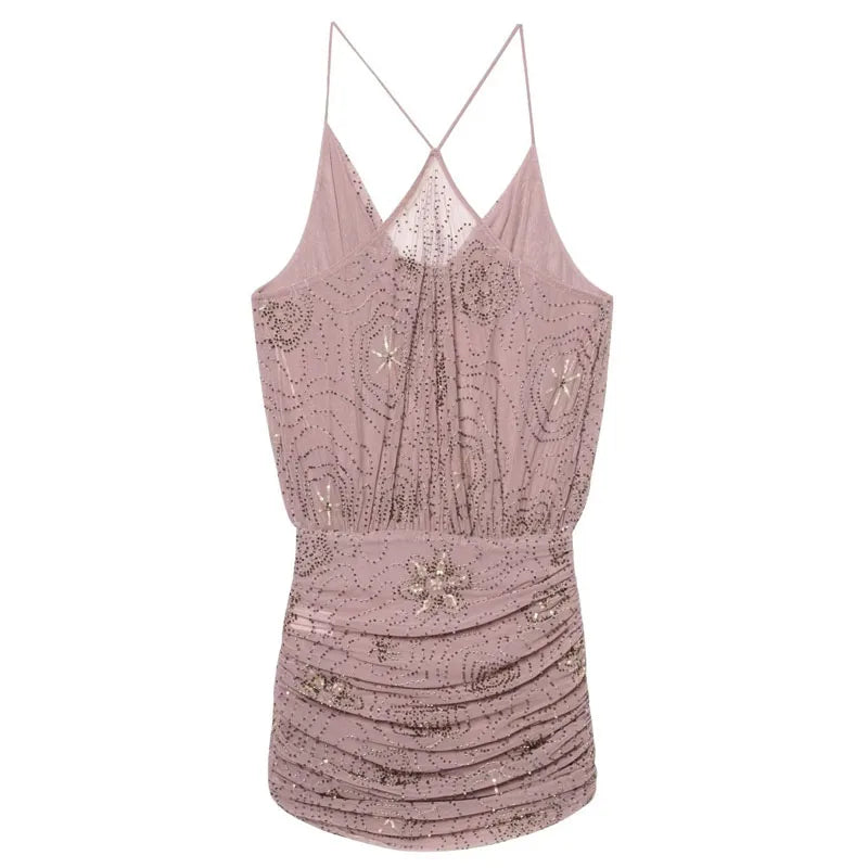 Sequin Rhinestone Woman Summer Dress Short Prom Backless Mini Dresses  V-Neck Halter Tops Mini Dress Pink Pleated Ladies Clothes