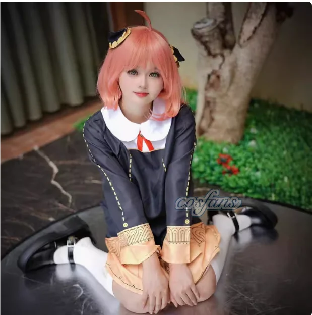 Halloween X Familie Anya Cosplay Costume Kids Adults Black Dress Kawaii Girls Women Dress Pink Wig Party Role Play Outfits