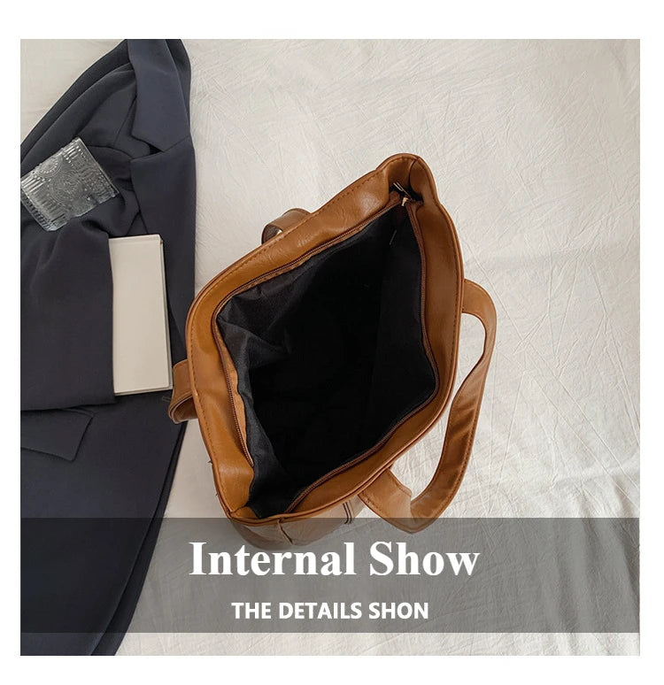 Simple Large Capacity Tote Bags for Women Retro Pu Leather Ladies Shoulder Bag Commuter Portable Girls Student Underarm Handbag
