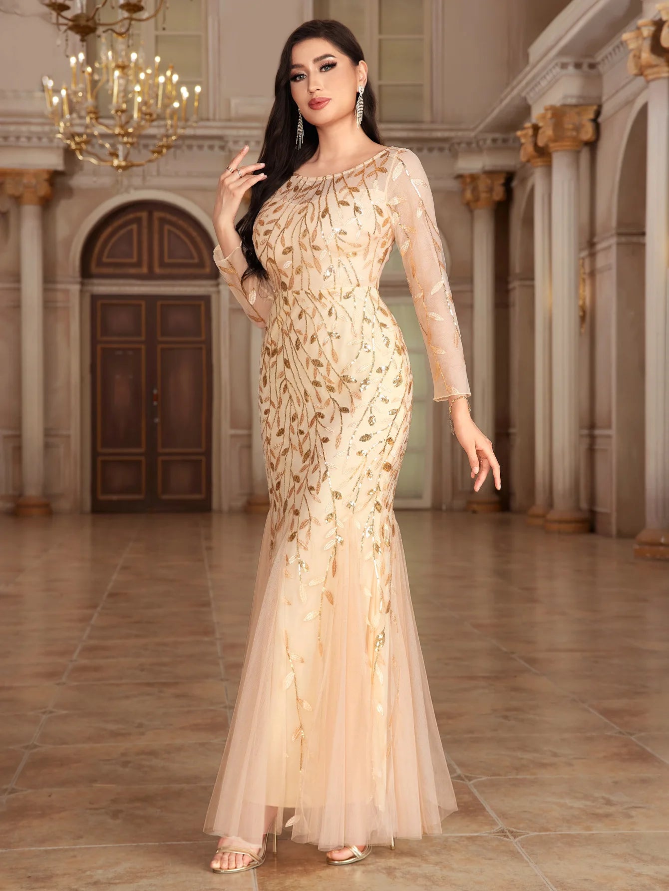 Elegant Round Neck Sequined Mermaid Long Formal Evening Dress With Long Sleeves