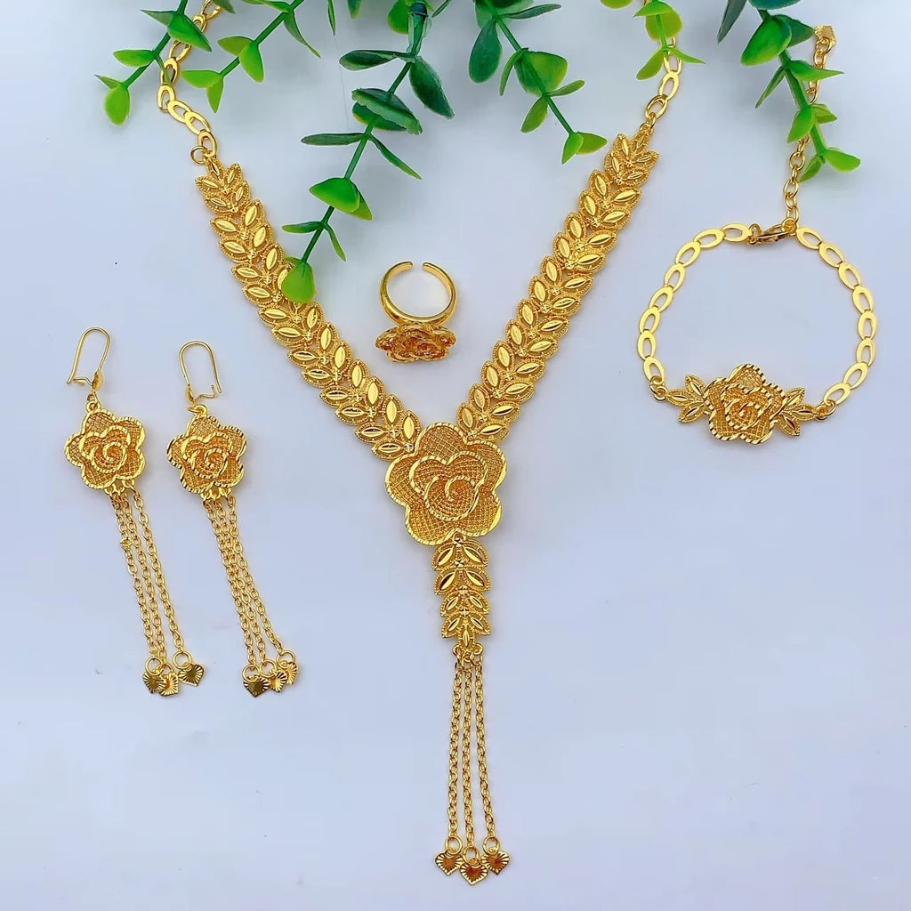 Ethiopian 24K Gold Color Jewelry Set For Women Bridal Nigerian Dubai Big Necklace Bracelet Earring Ring Sets Party Gift