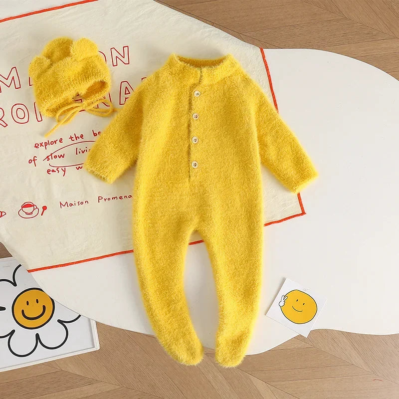 HoneyCherry Baby Solid Color Footies Cute Footed Hoodie Plush Pajamas Homewear Baby Clothes