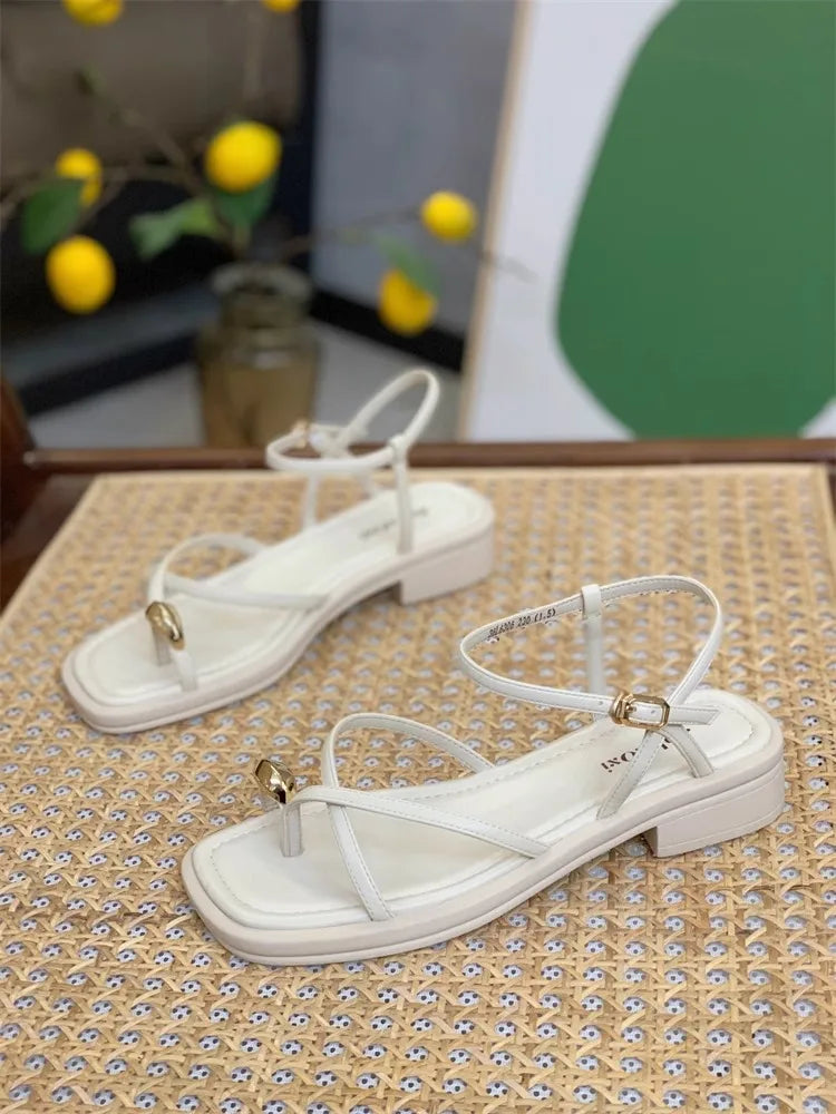 Sandals Women 2024 Summer New Fashion Square Toe Roman Shoes Simple Fairy Strap Women Shoes Flat Casual Shoe Sandalias De Mujer