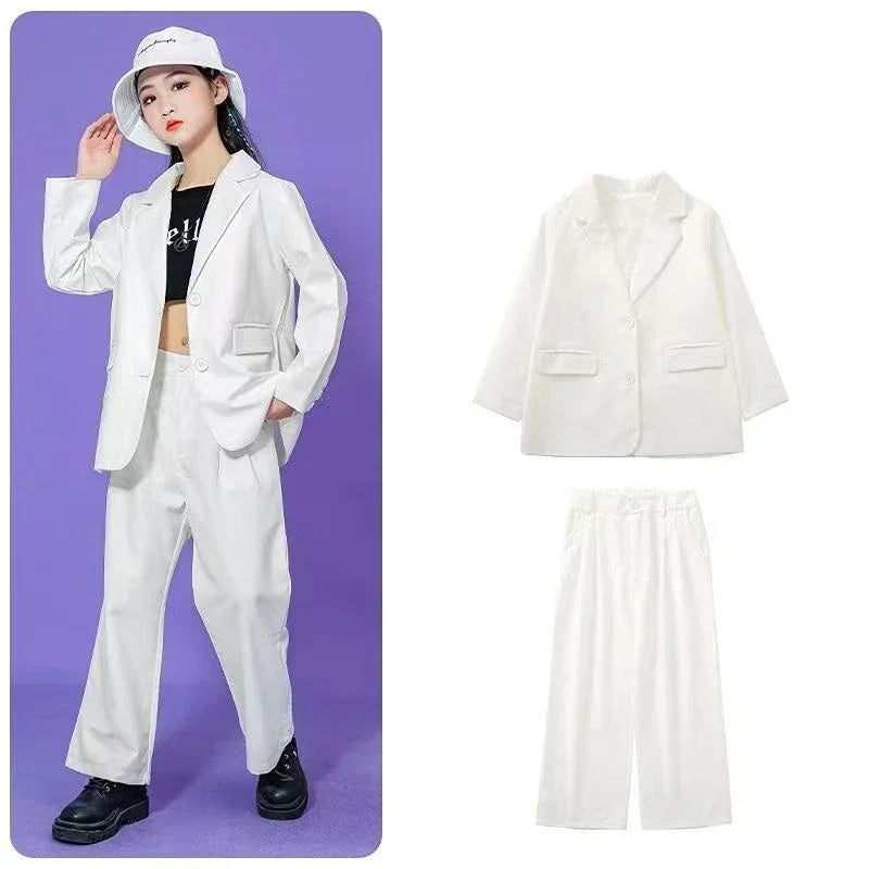 Kids Hip Hop Dance Costume Boys Girls Blazer Pants Set Streetwear Outfit for Stage Performance Competition Jazz Dance Photoshoot