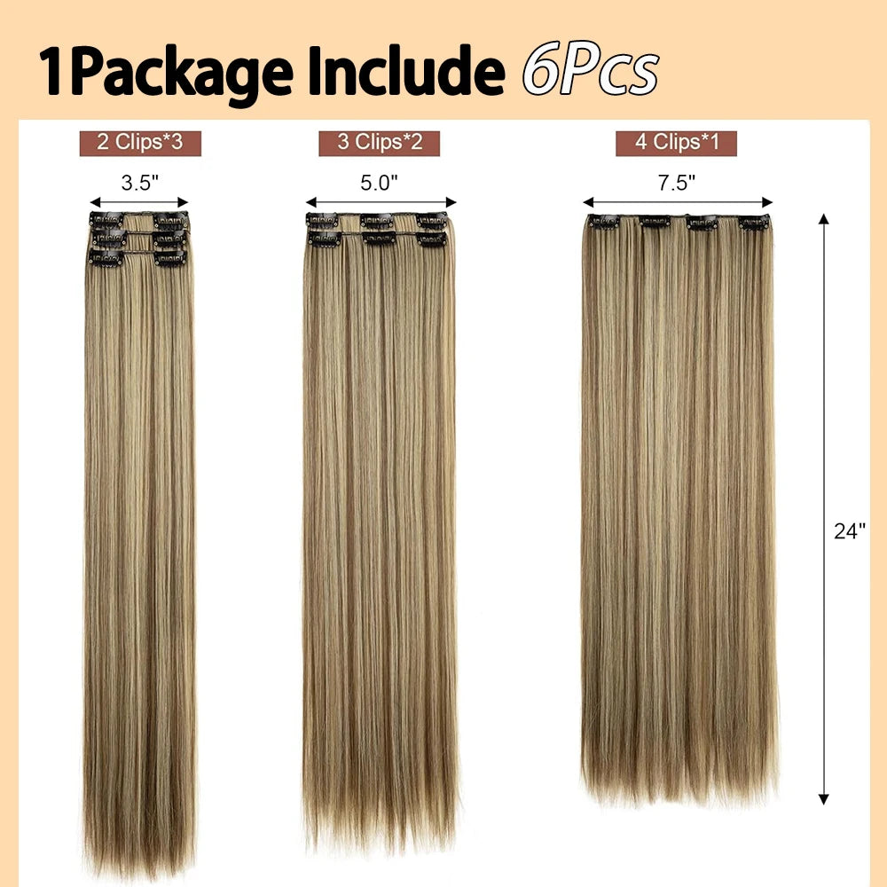 Synthetic Clips in Hair Extensions 6Pieces/Set 24 Inch Long Straight Extensions for Women Hairpiece