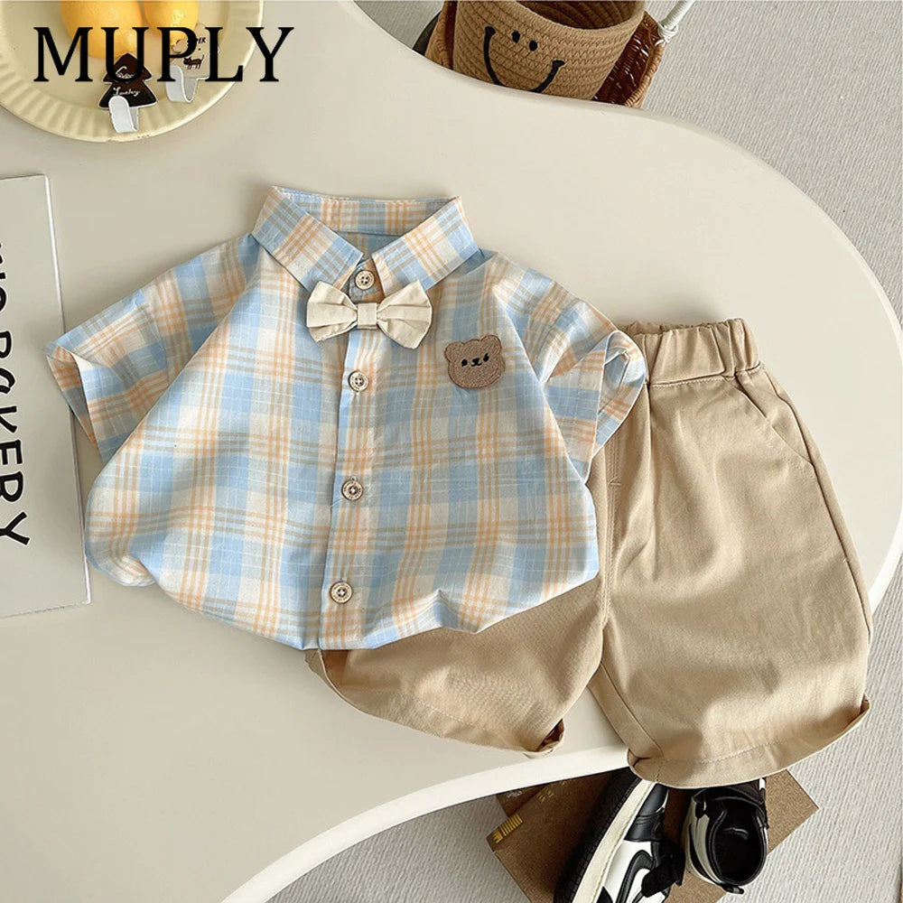Summer baby boys clothes outfits sets bow tie check shirt shorts suits for infant boys clothing 1 year birthday gentleman sets