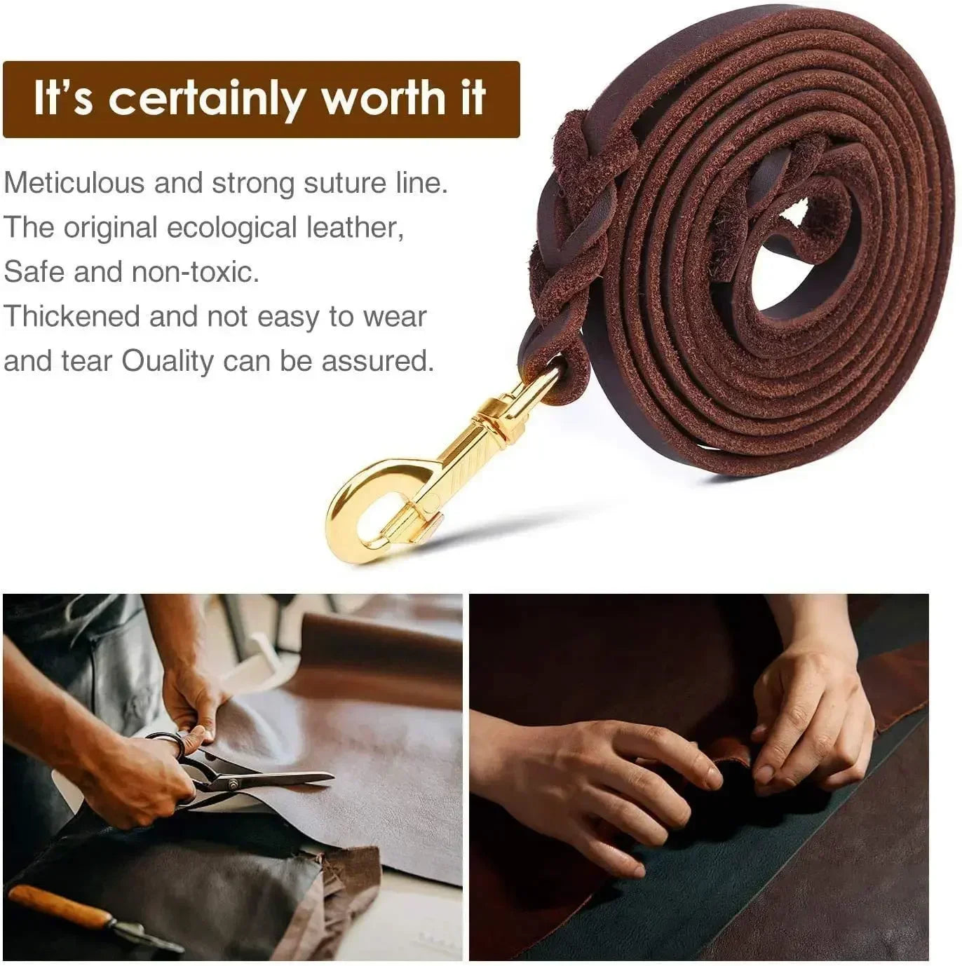Handmade Genuine Leather Braided Dog Leash Heavy-Duty Training Lead with Metal Hook for Medium/Large Pets Dog Collar
