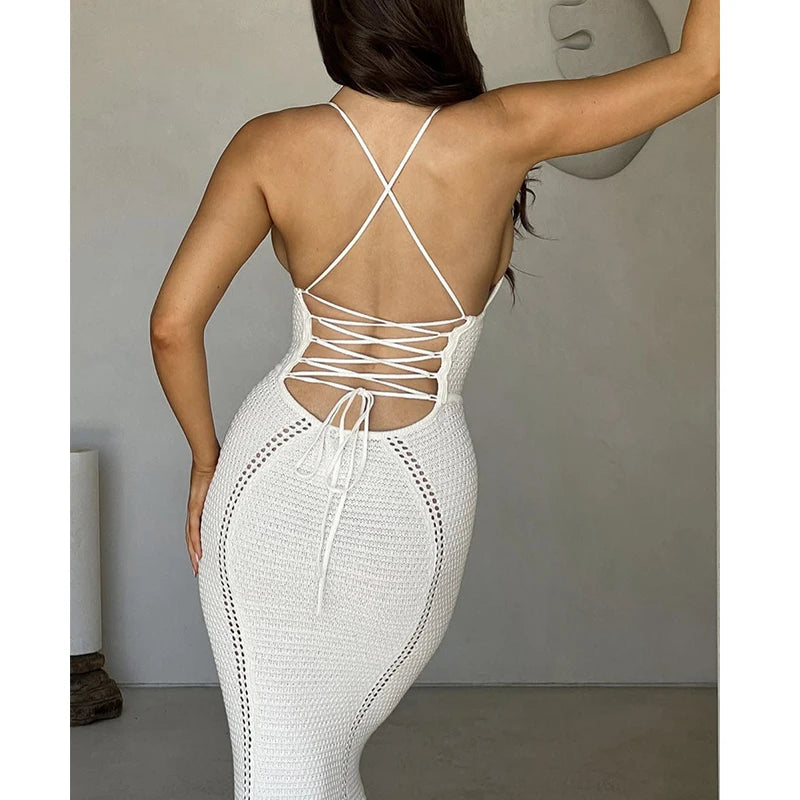 Sexy Style Backless Tie Up Long Dress Summer Pool Party Beach Vacation Slip Dress Fashion Knitting Hollow Out Beachwear Cover Up