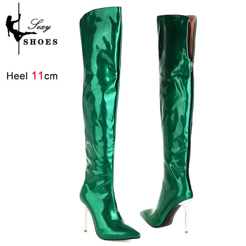 Long Boots for Women Dark Blue Pointed Toe Metal Stiletto Heel Patent Leather Over-the-Knee Female Shoes Large Size Short Plush
