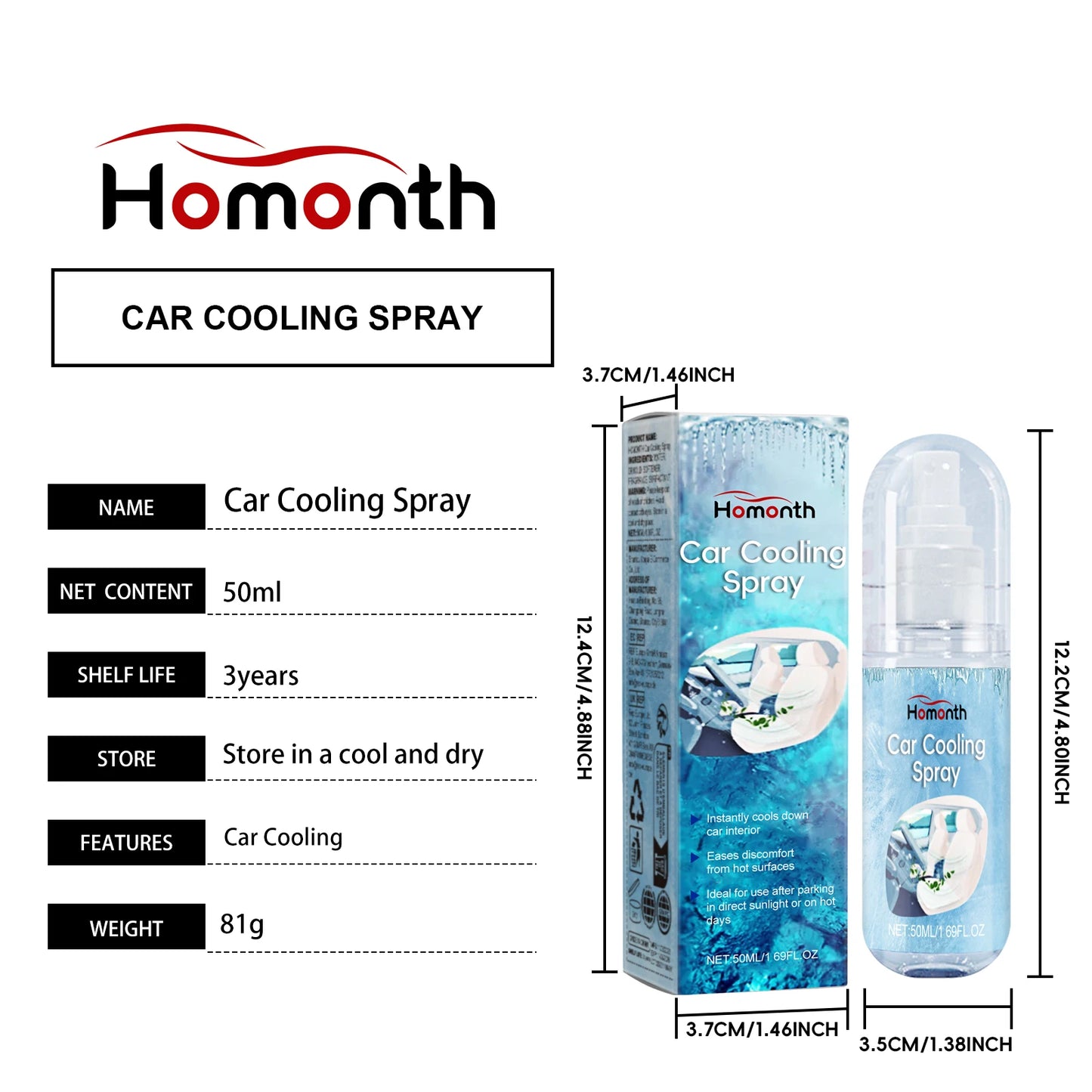 Car Cooling Spray Endothermic Evaporation Reduce Surface Heat Heatstroke Prevention Comfortable Driving Rapid Cooling Agent 50ml