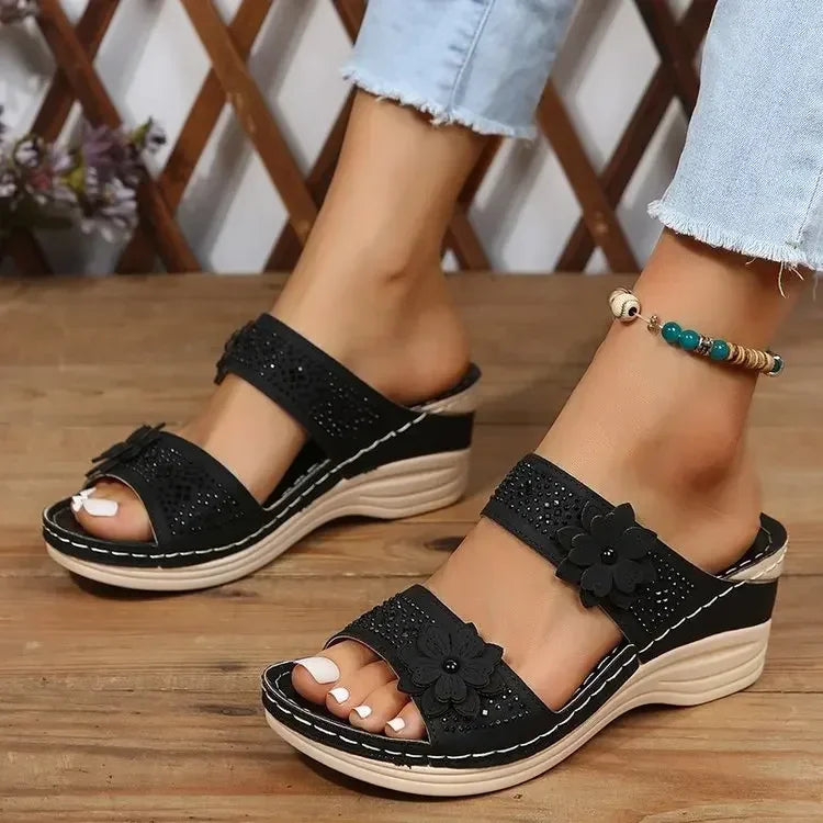 2024 Summer Women Slippers Plus Size Women's Shoes Retro Roman Sandals Women Pu Casual Flower Wedge Sandals Platform Slippers