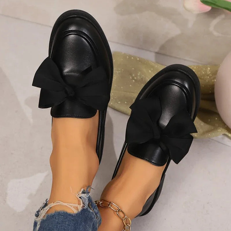Fashion Bowknot Slip On Loafers for Women 2025 Summer Solid Color Patent Leather Shoes Woman Comfort Soft Sole Platform Loafers