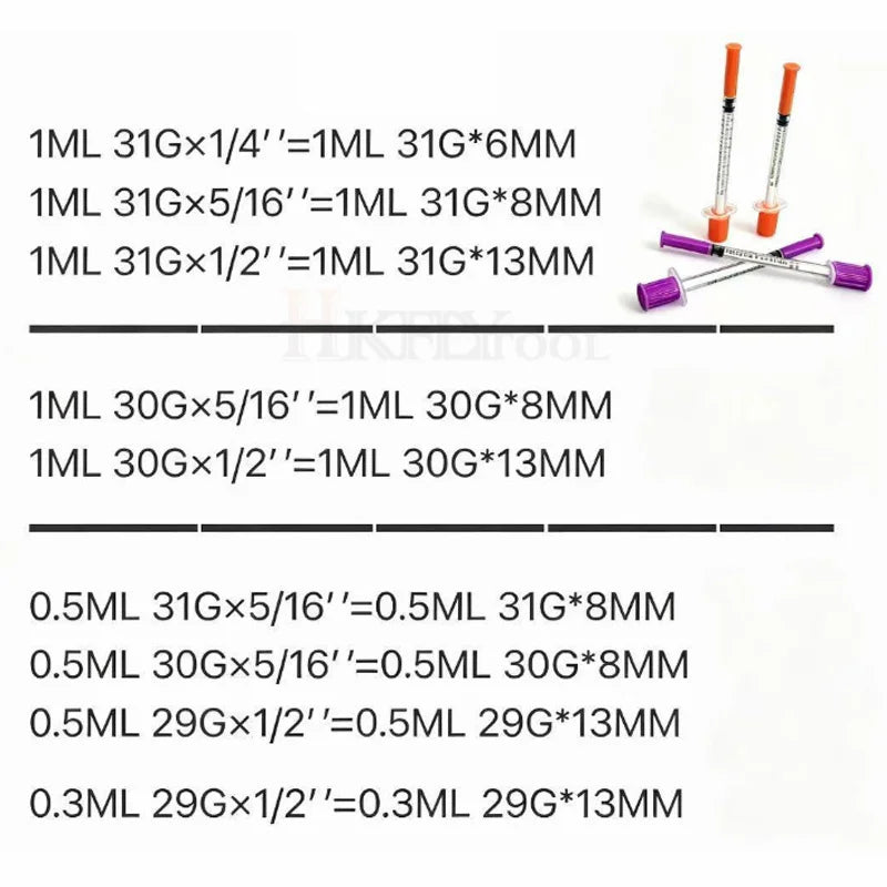 100pcs/box 0.3ml/0.5ml/1ml Disposable Sterile Syringes with 31G 6mm 8mm 29G 13mm 30G Needles for Lab Measuring Pet Feeding