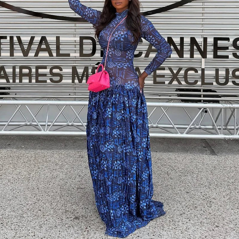 Autumn O-neck Long Sleeved Women's Casual Dress Fashion Perspective Swing Bohemian Dress Vintage Flower Printed Beach Robe Dress