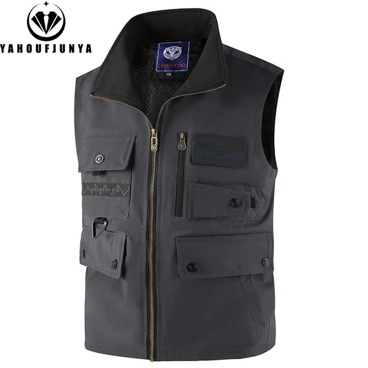 2026 New Summer Men Sleeveless Outdoor Cargo Leisure Lapel Vest Men Pocket Solid Color Fishing Camping Thin Vest Male Waistcoat