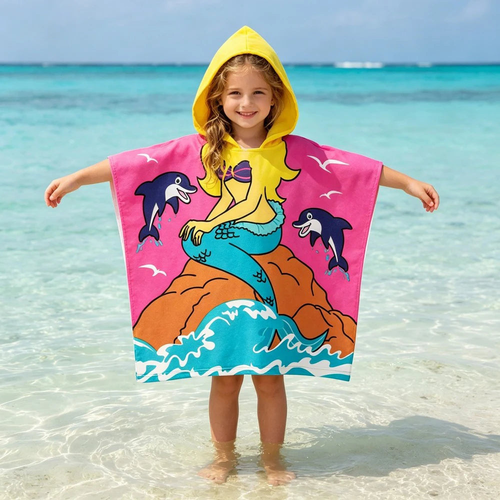 60-120cm Kids Hooded Bath Beach Poncho Towels Baby Quick Dry Bathrobe Child Cartoon Cloak Poncho Towels Microfiber Swim Cover-up