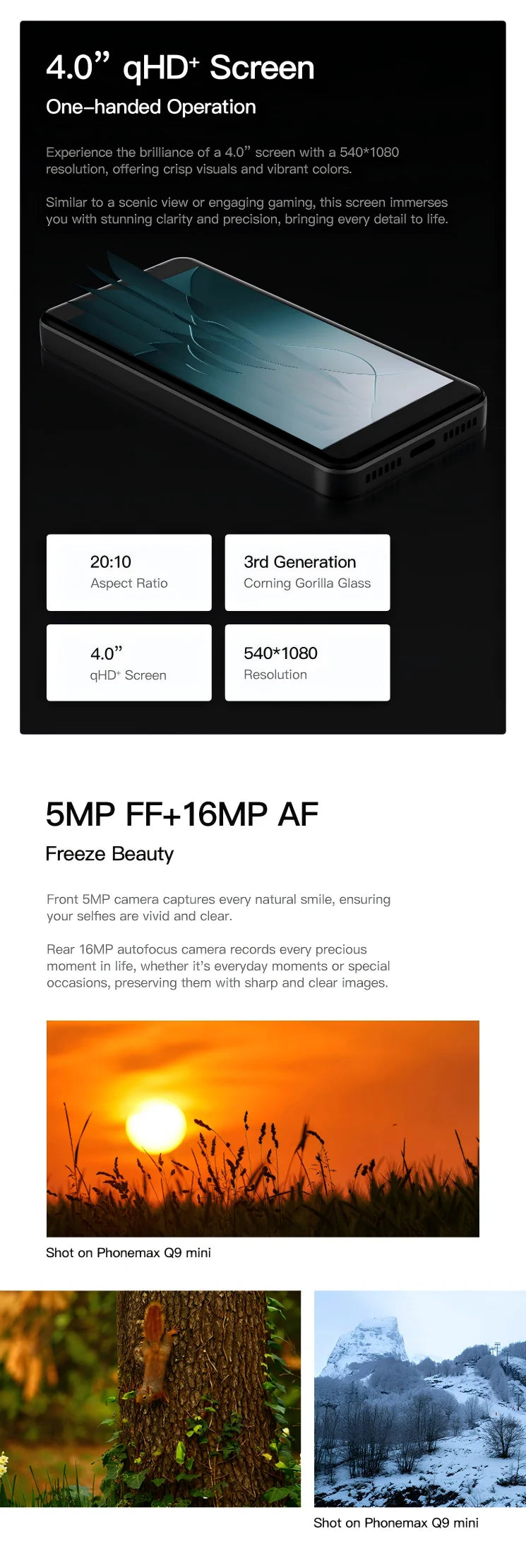 UNIWA 4G Phonemax Q9 Mini Phone 4.0Inch IPS Touch Screen Small Cell Phone Android 14 Small Smart Mobile Face ID 2000mAh Battery