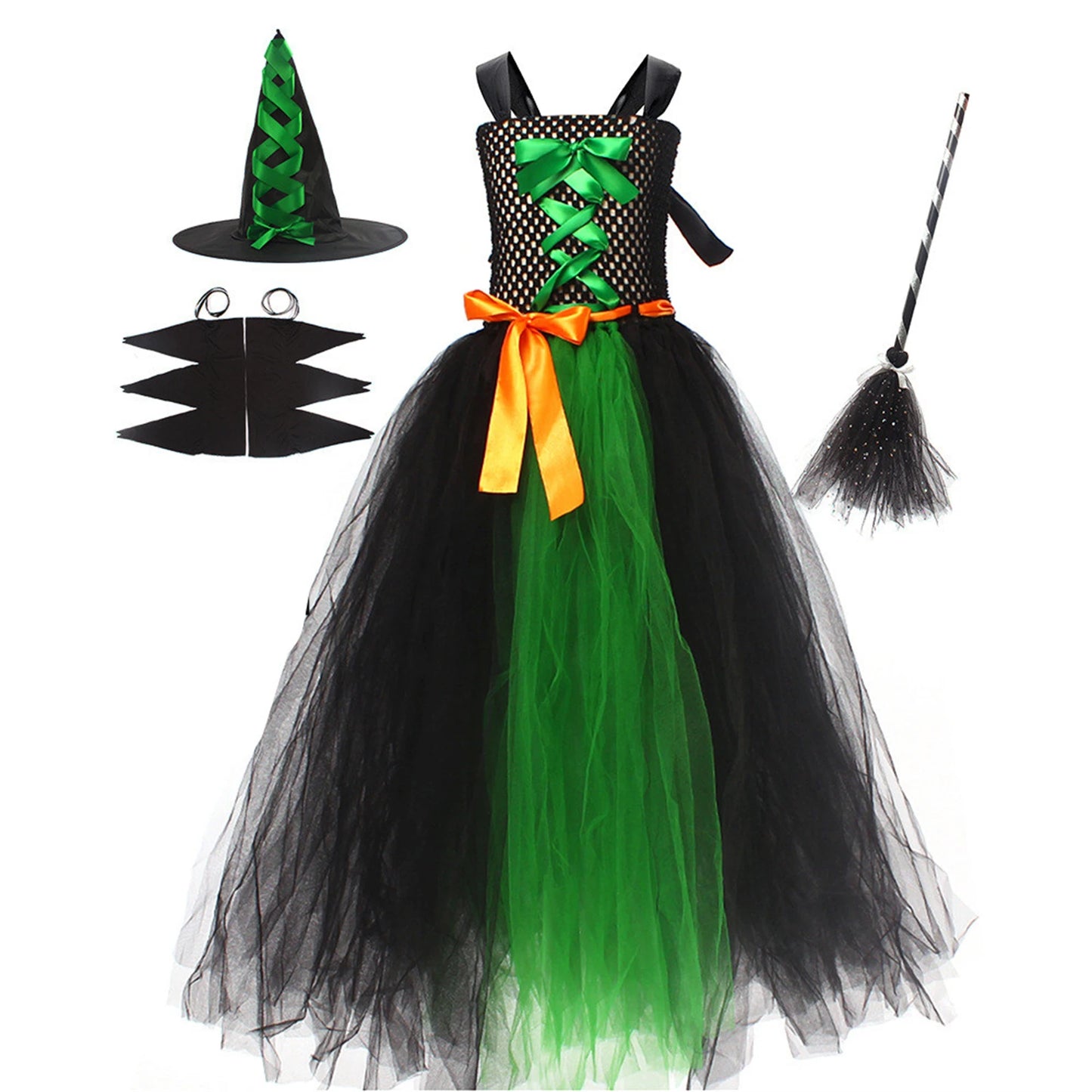 Halloween Witch Costume For Girls Kids Long Veil Dress Princess Dress Birthday Party Dress Stage Performance Dress