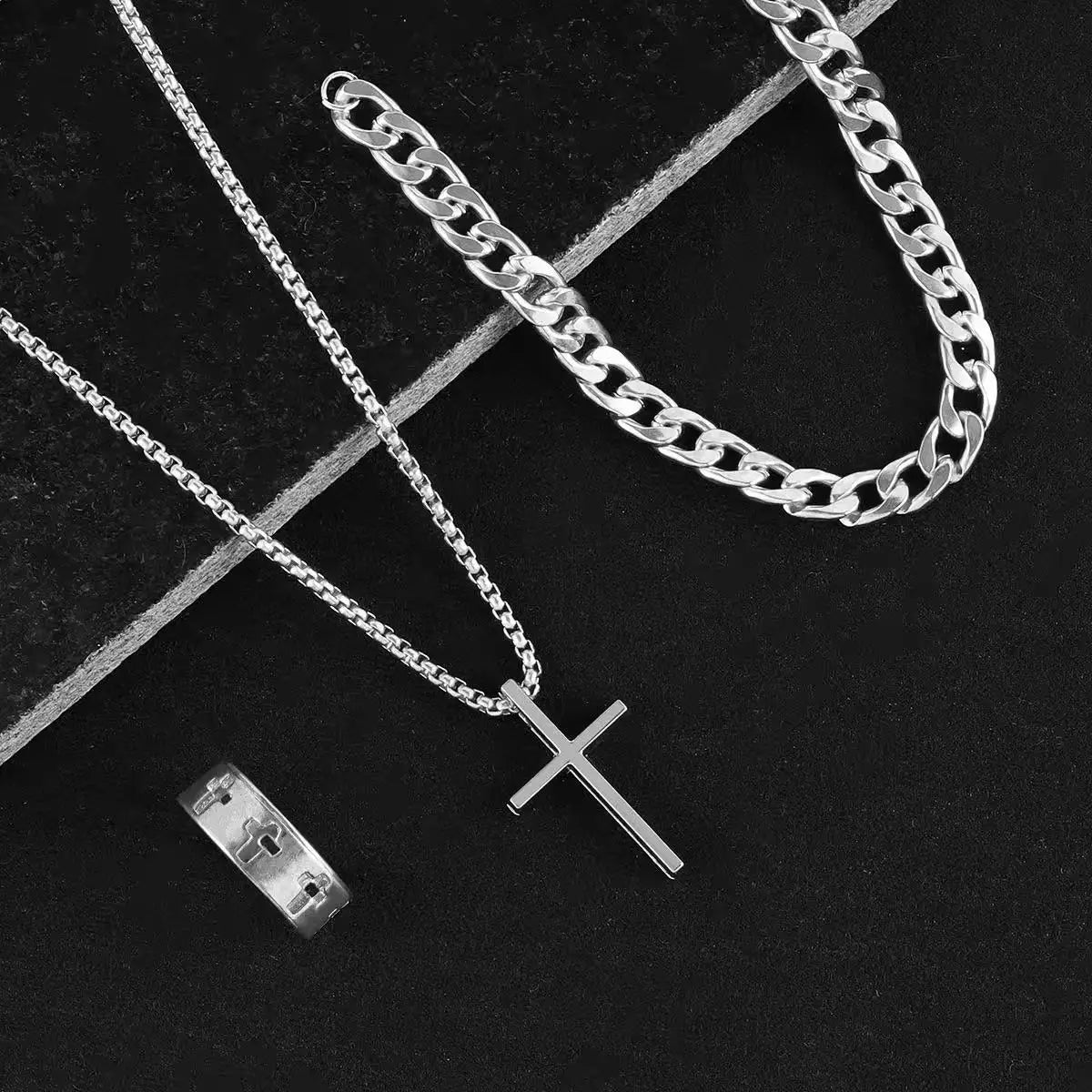 Men's 3pcs Fashion Alloy Jewelry Set - Cross Pendant Necklace, Bracelet & Ring Combo