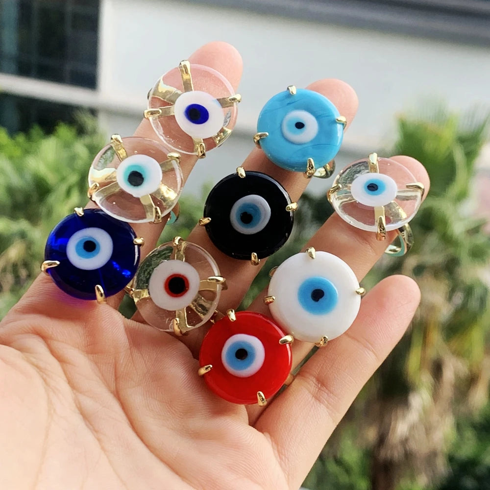 10PCS, Lucky Eye Glass Turkish Evil Eye Ring Adjustable Copper Open Finger Ring for Women Men Fashion Jewelry
