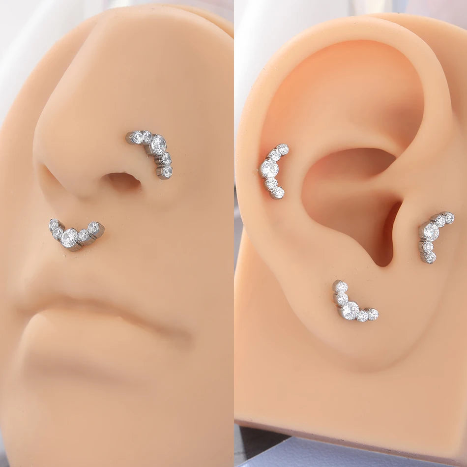 1/5PCS Titanium Ear Studs Cartilage Earrings 5 CZ Stone Labret Ring Stud Helix Cartilage Tragus Piercings Lip Jewelry for Women