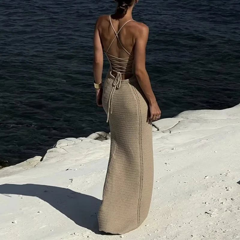 Sexy Style Backless Tie Up Long Dress Summer Pool Party Beach Vacation Slip Dress Fashion Knitting Hollow Out Beachwear Cover Up