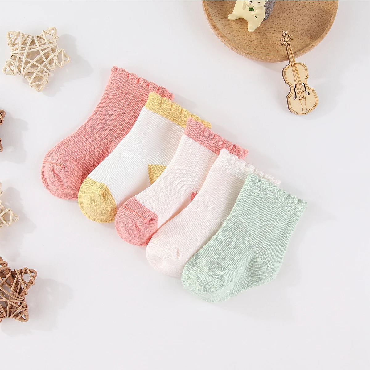 Kiddiezoom 5 Pairs Fashion Newborn Baby Boy Girl mid-calf Socks Cotton Soft Breathable Infant Accessories Four Seasons 0-12M