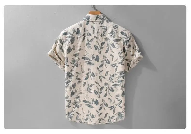 Vacation Leaf Print Linen Blend Short Sleeve Shirt Mens Lapel Casual Breathable Top
