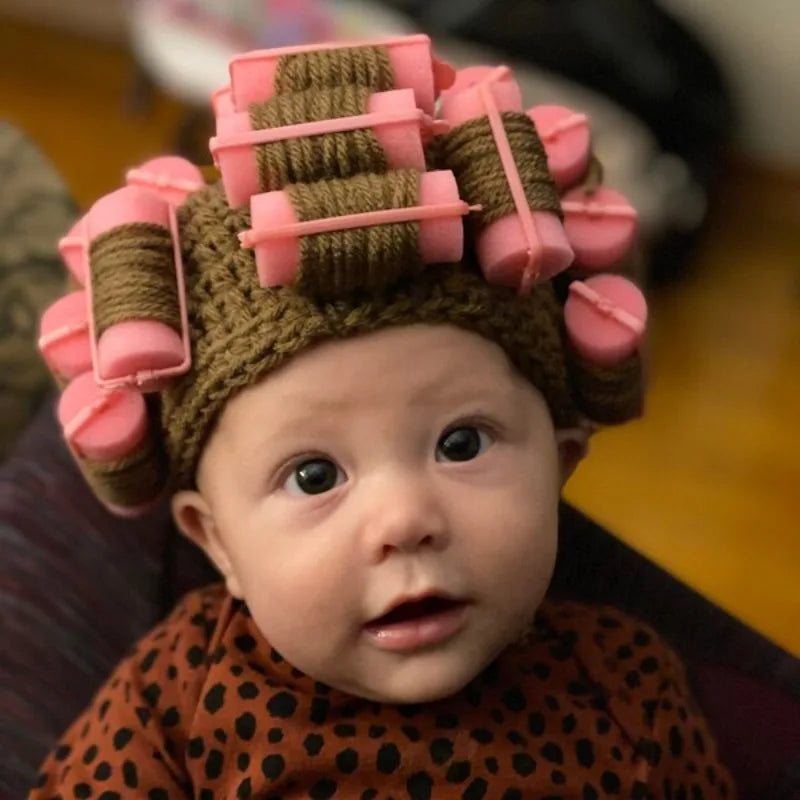 Soft Crochet Toddler Curler Hat Old Lady Costume Wig Baby Kids Dress Up Funny Granny Costume Photo Prop Halloween School Play