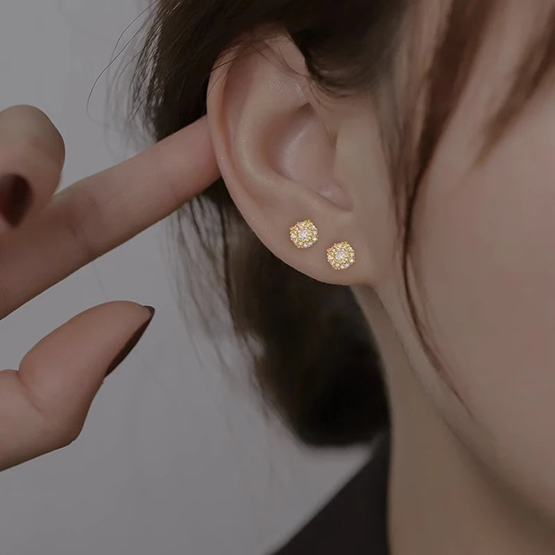 925 Sterling Silver Flash Earrings Shiny Zircon Earrings Female Gold Color Screw Ear Bone Jewelry for Women Fashion Accessories