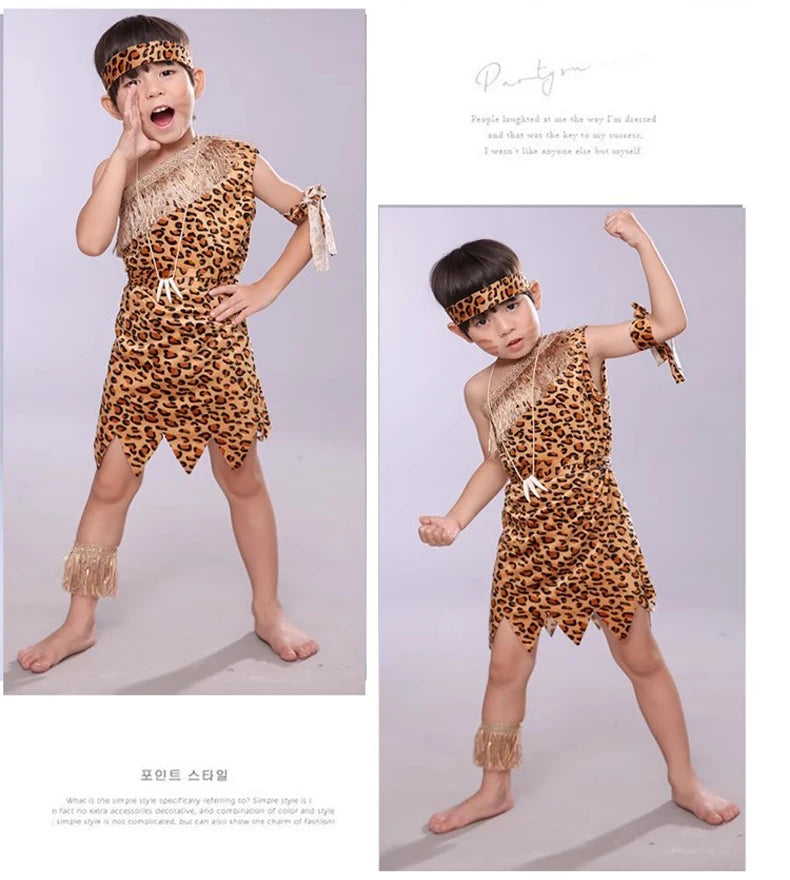 Halloween Costume Adult Kids Savage Caveman Costumes African Tribal Hunter Clothing for Girl Performance Costumes Cosplay Dress